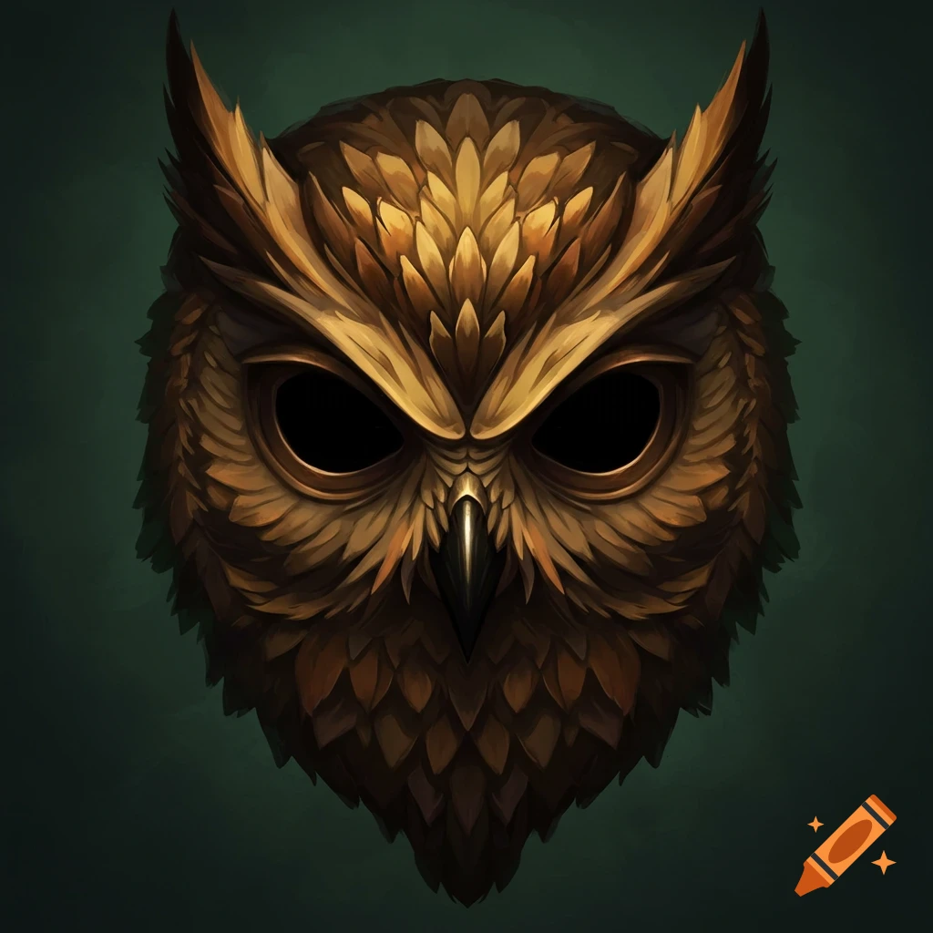A stylized, intricate war mask resembling an owl, rendered in shades of golden brown and black with detailed feathers.