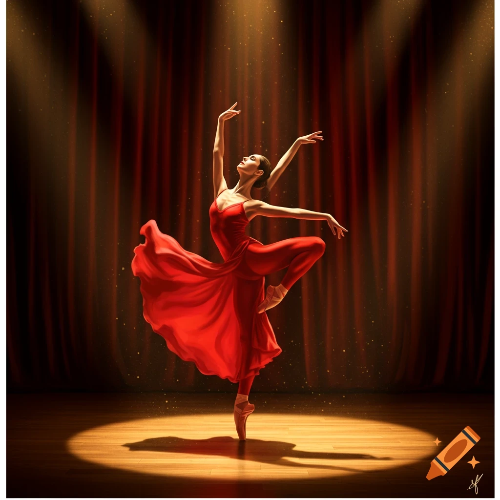 A graceful ballerina in a flowing red dress and tights dances en pointe in a spotlight on a wooden stage with red curtains, in a painted style.