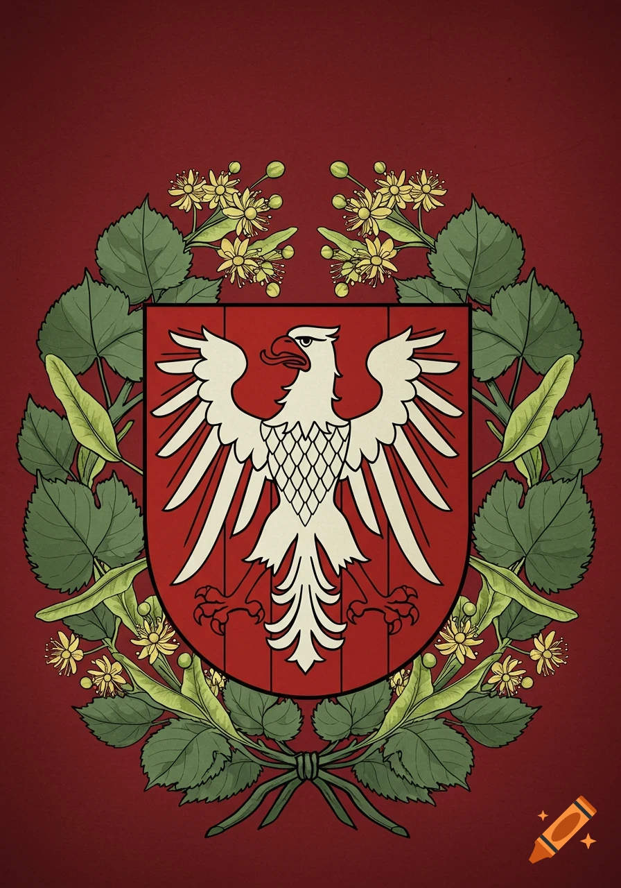 An illustrative coat of arms featuring a white heraldic eagle on a red shield, framed by a wreath of green linden leaves and yellow blossoms.