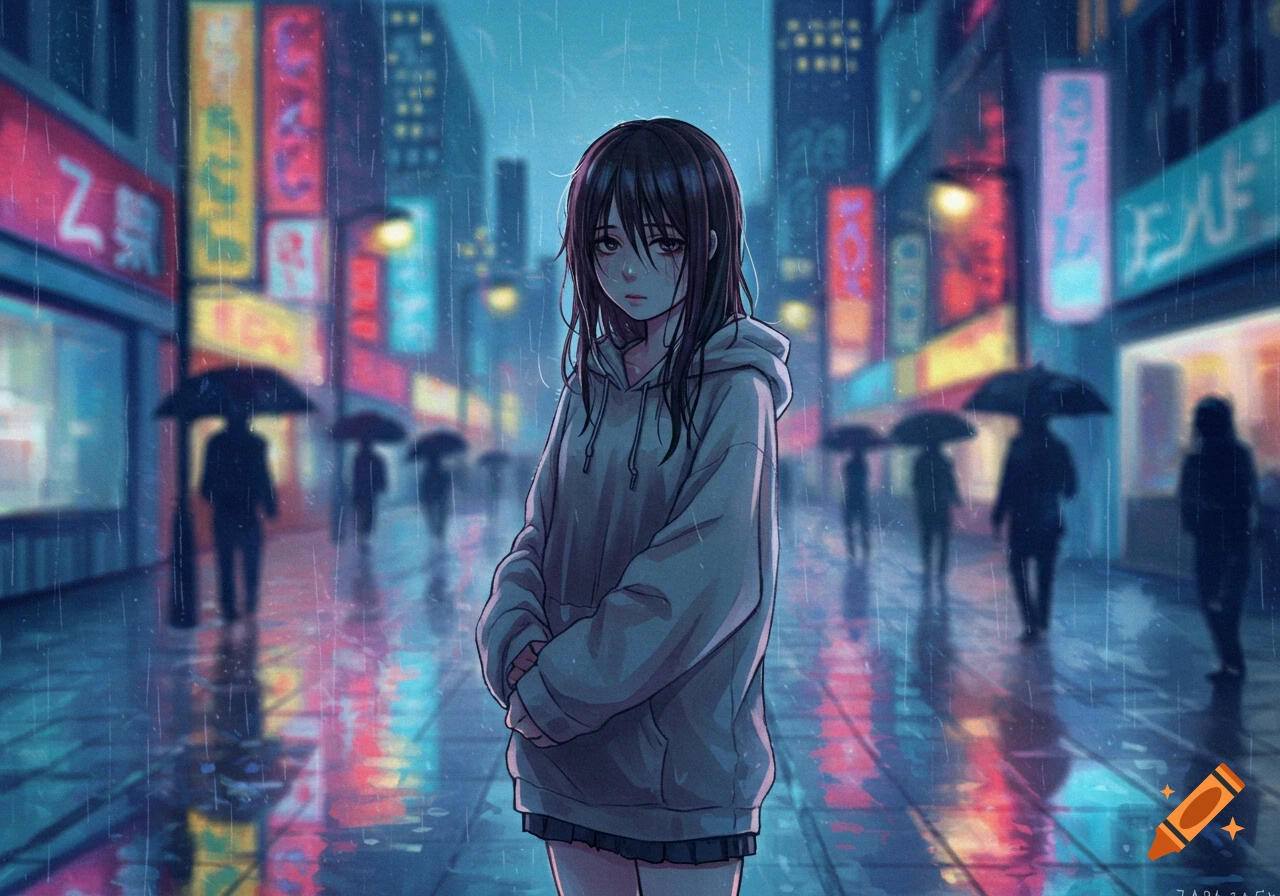 An anime girl in a hoodie stands sadly in the middle of a rainy city street at night, illuminated by neon signs and their reflections.