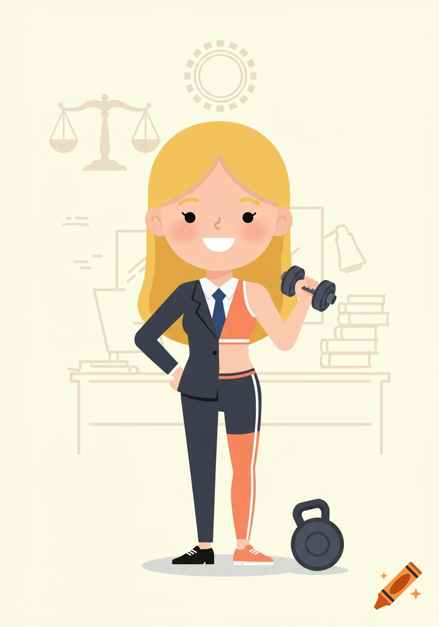 Flat vector illustration of a blonde woman split, half in a lawyer's suit and half in gym clothes, holding a dumbbell, with legal scales in the background.