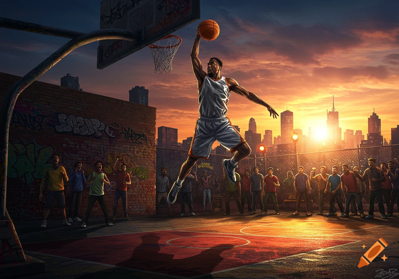 Dynamic digital art of a basketball player mid-dunk on an outdoor court at sunset, with a city skyline and crowd.