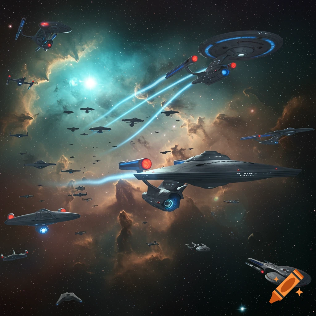 A fleet of Starfleet-style starships flies through a colorful nebula in deep space, some with blue energy trails.