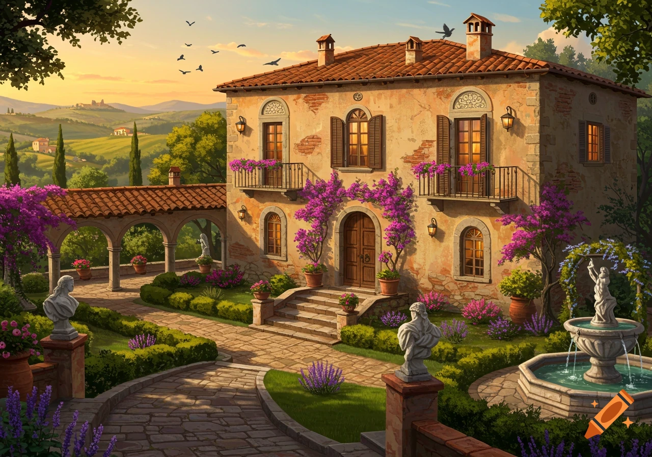 A beautiful Italian villa with a terracotta roof, vibrant purple bougainvillea, a stone courtyard, garden, and fountain under a sunset sky.