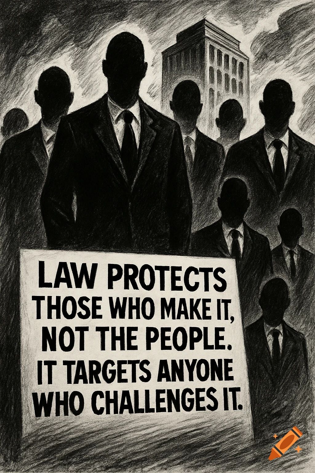 Dramatic charcoal drawing of shadowy men in suits in front of a building, holding a sign with critical text about law.