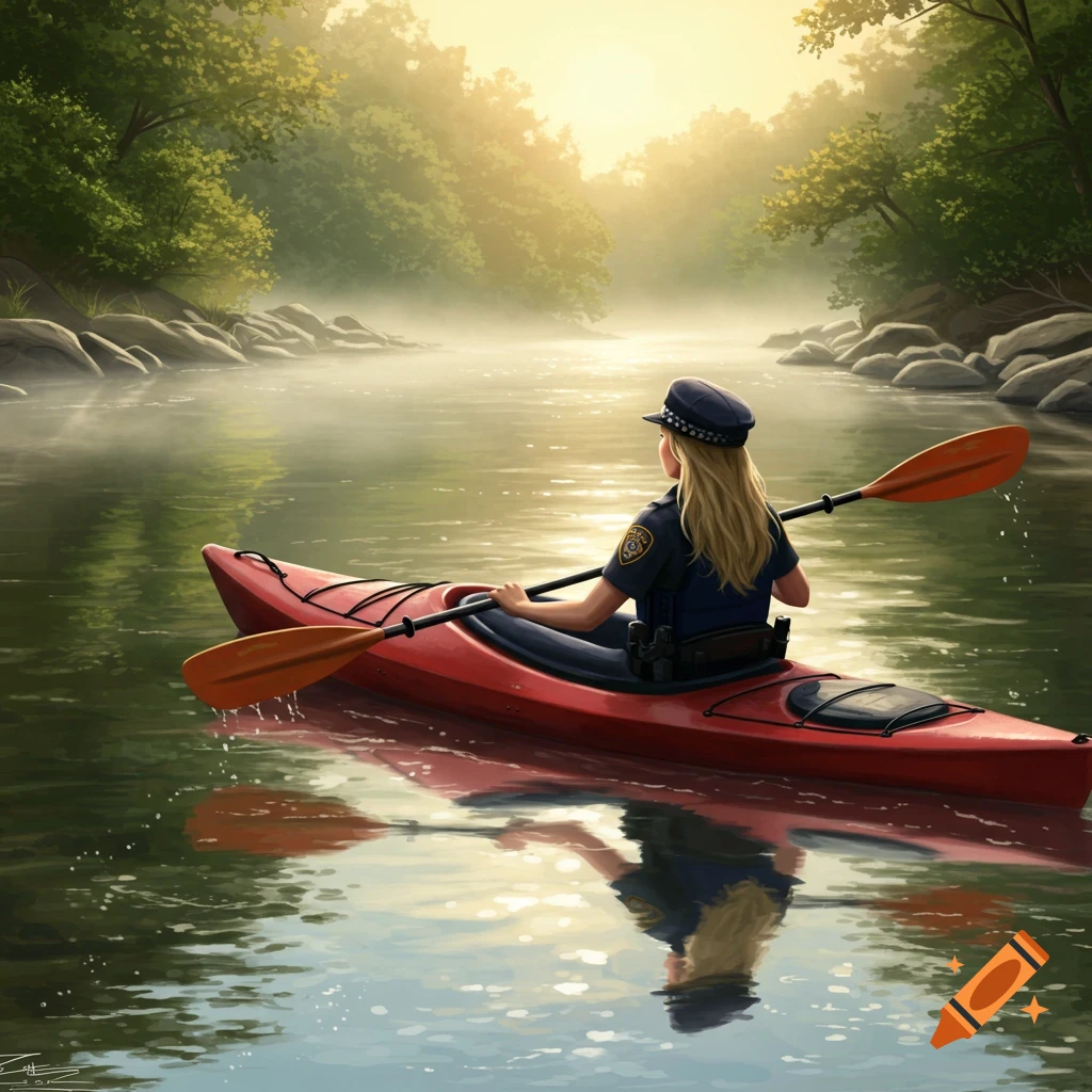 A blonde police woman in uniform paddles a red kayak down a misty river, surrounded by green trees under a hazy, bright sky.