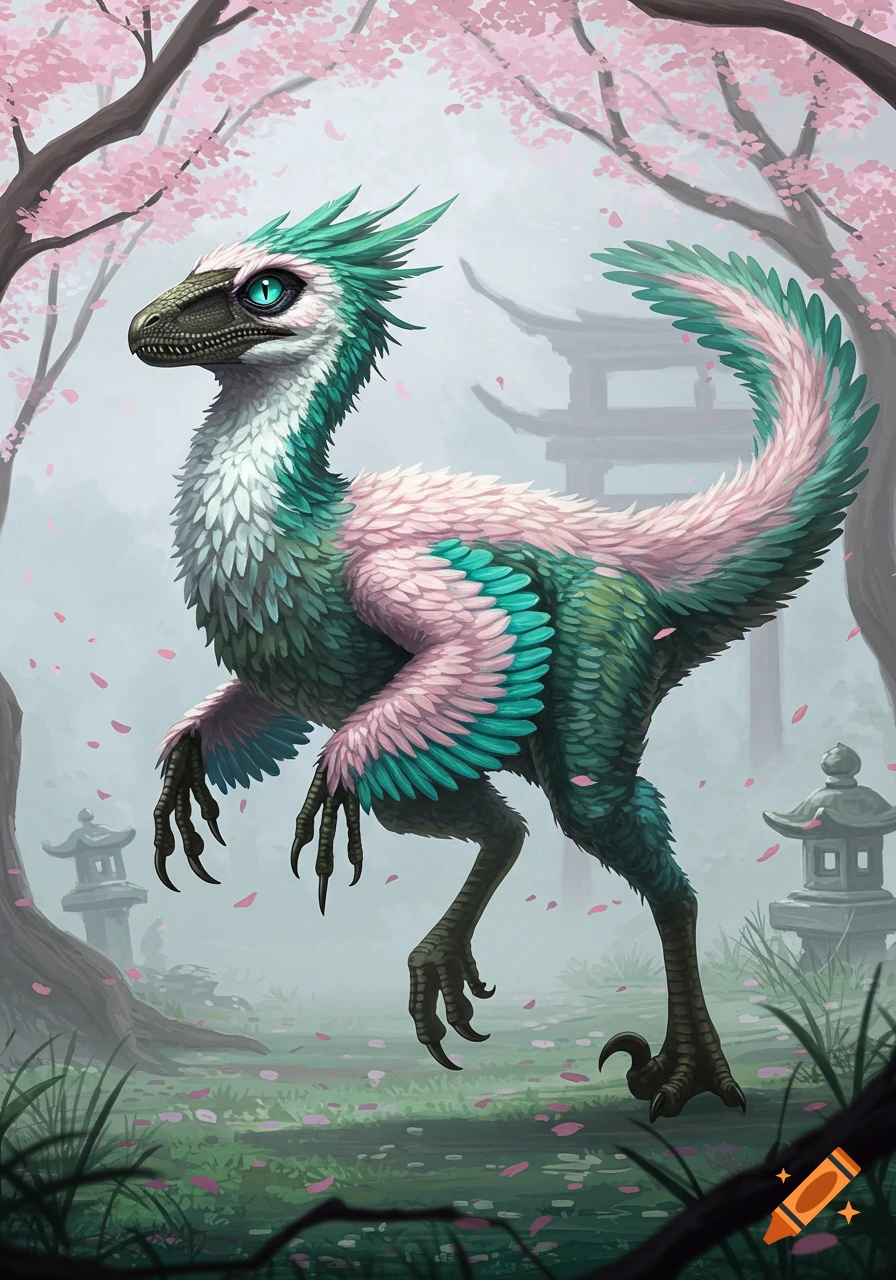 A colorful feathered velociraptor stands in a Japanese garden with cherry blossom trees and stone lanterns, art in Ohara Koson style.