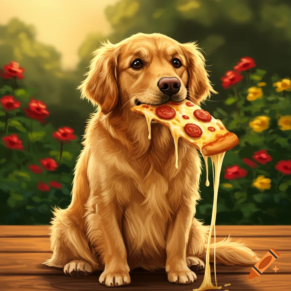 A Golden Retriever dog sitting on a wooden surface, holding a cheesy slice of pepperoni pizza in its mouth with cheese dripping, in a garden.