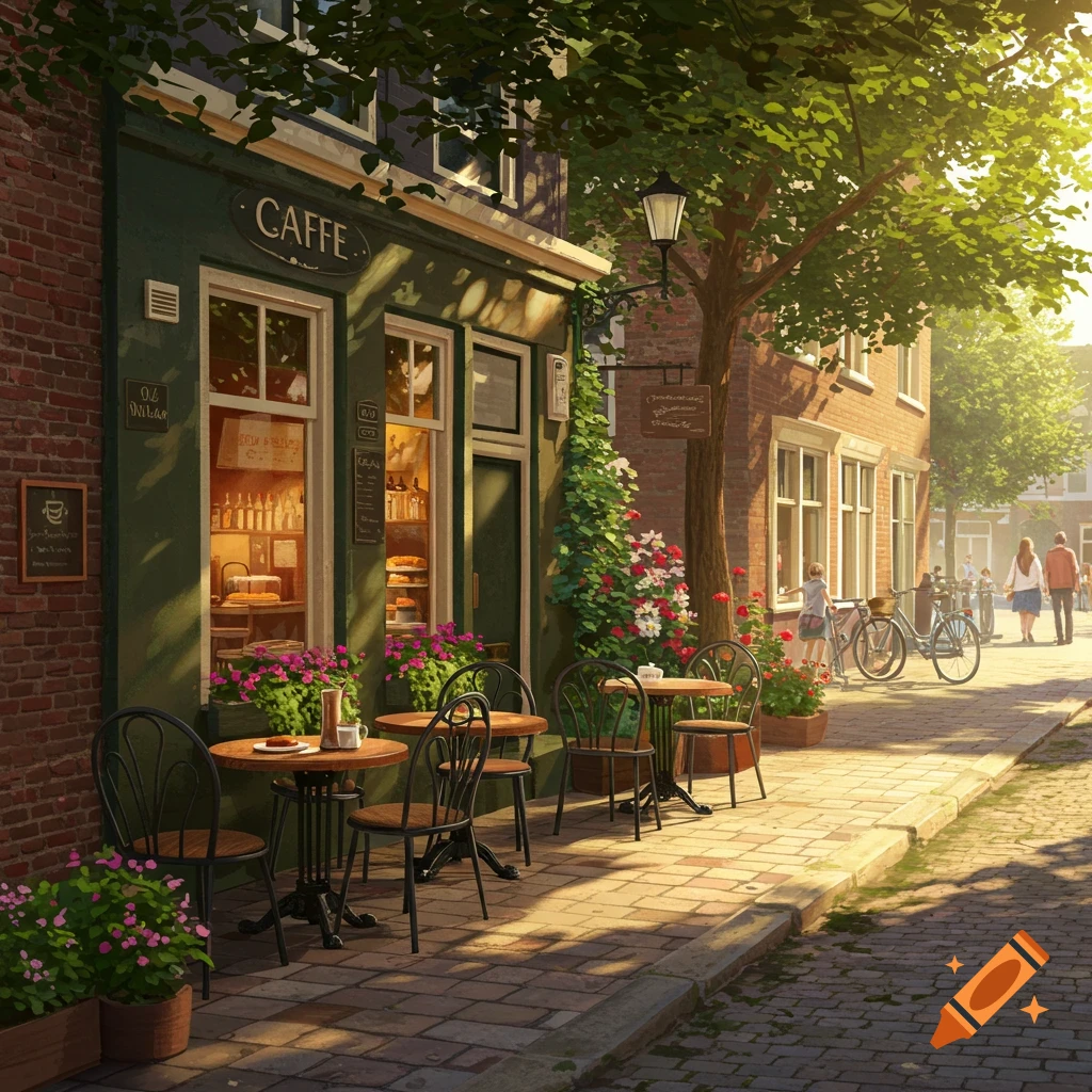 A charming illustration of an outdoor cafe with tables and chairs on a sunny brick sidewalk, people walking by.