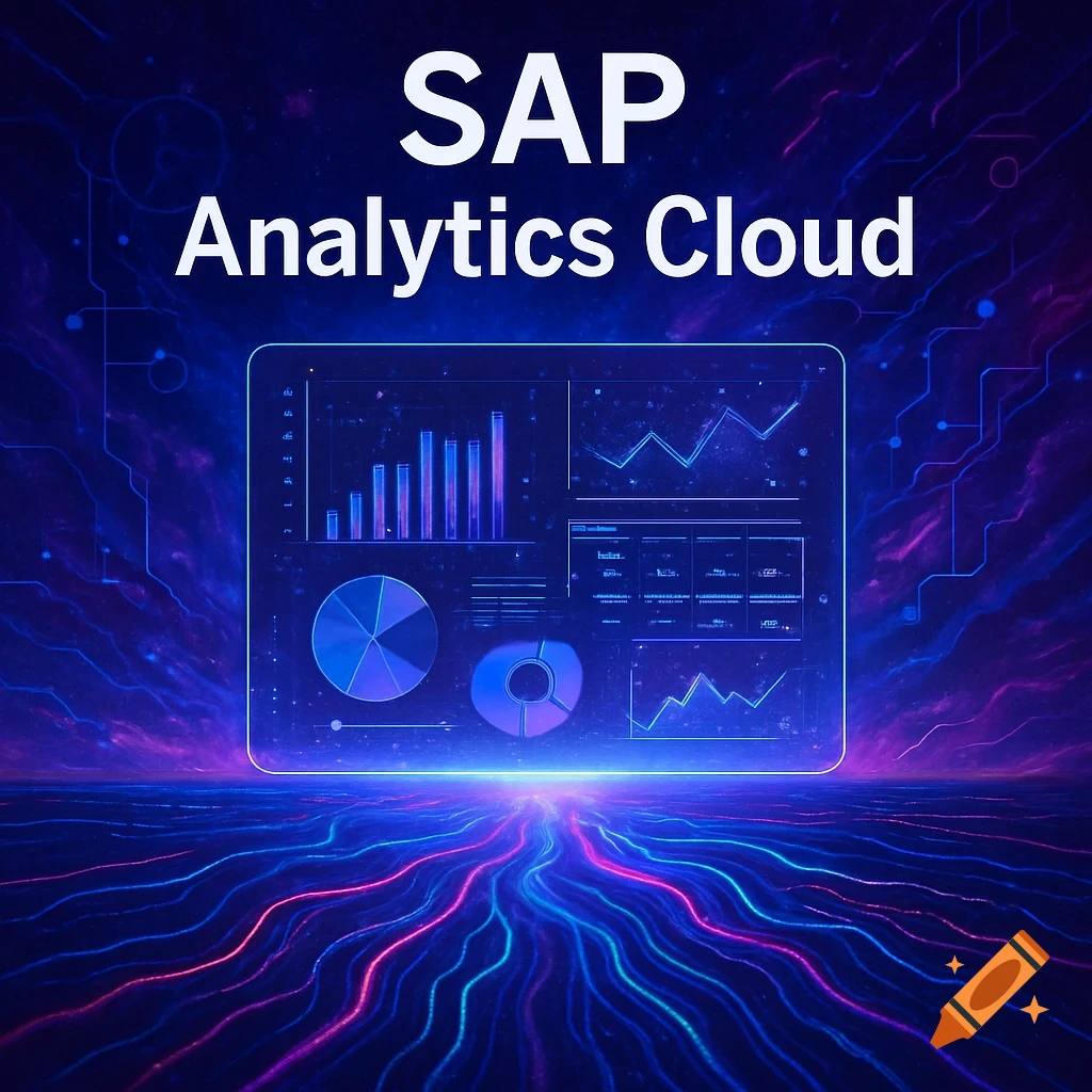 A futuristic digital display shows data dashboards for SAP Analytics Cloud, with glowing data streams in the foreground.