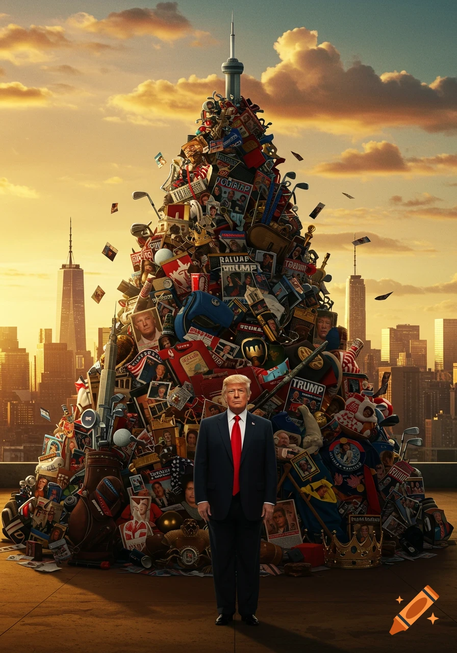 Donald Trump stands in front of a towering pile of personal and political memorabilia against a city skyline at sunset.