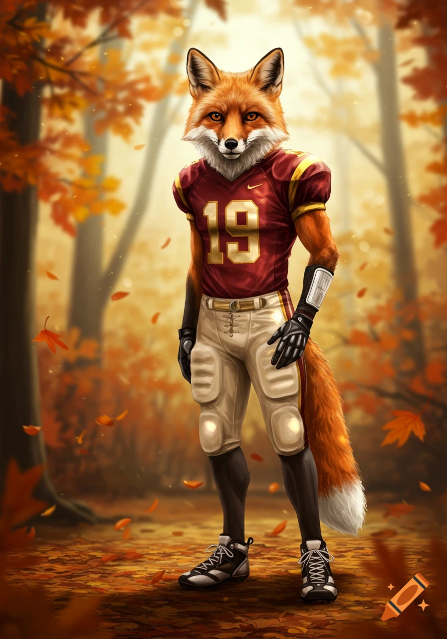 An anthropomorphic fox stands in a football uniform with number 19 in an autumn forest with falling orange leaves, digital art.