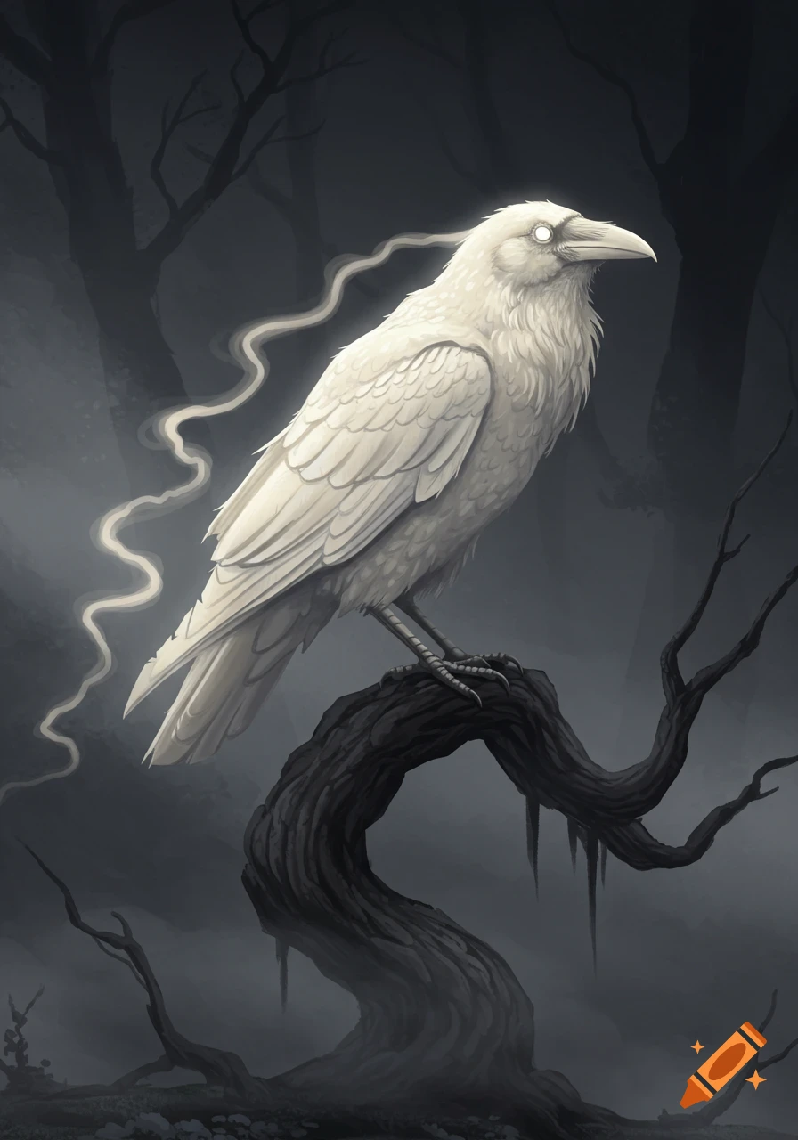 A glowing white, ghost-like raven with wisps of smoke around it, perched on a dark, gnarled branch in an eerie, misty forest.