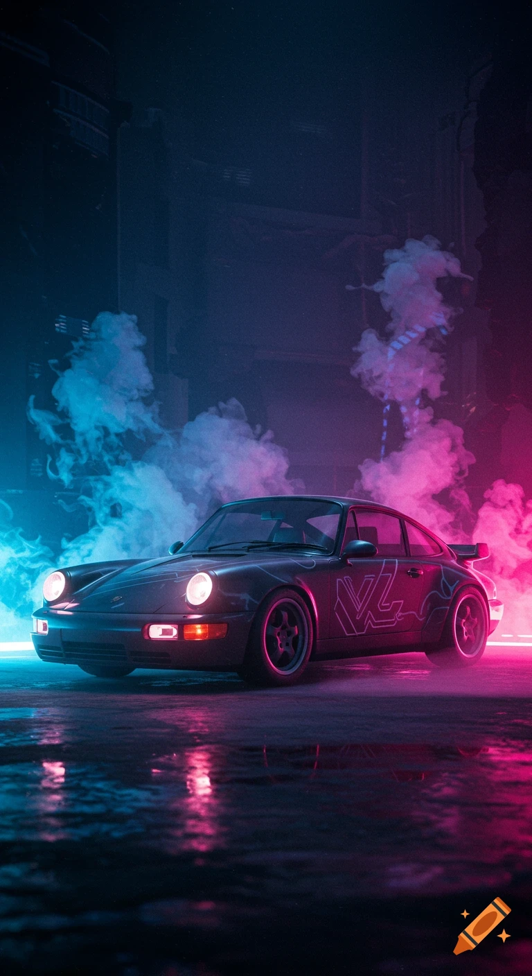 Dark Porsche 964 sports car illuminated by vibrant pink and blue neon lights and smoke on a wet street at night.