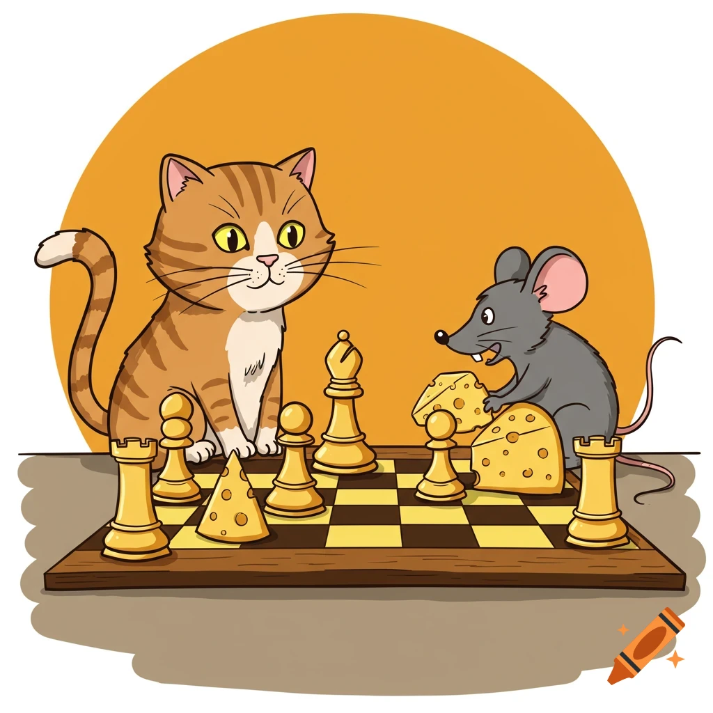 A cartoon orange cat and a grey mouse playing chess with cheese pieces on a wooden board against an orange background. The mouse nibbles a cheese piece.