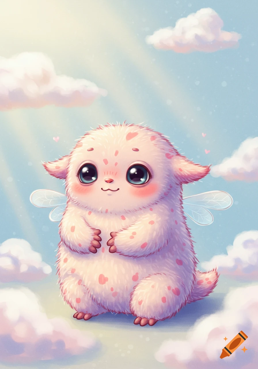 A cute, fluffy, pink fantasy creature with big blue eyes, pink spots, and small wings floats in a bright blue sky with white clouds.