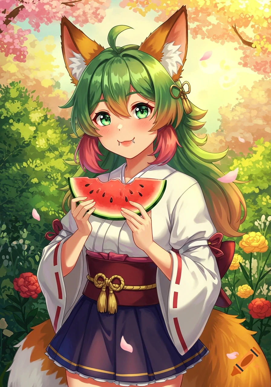 An anime kitsune girl with green hair and fox ears eats a slice of watermelon in a lush garden with pink cherry blossoms.