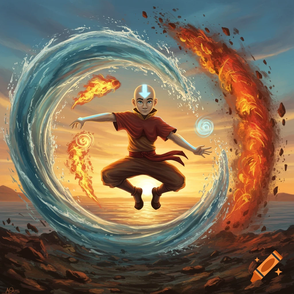 Avatar Aang bends swirling water, fire, and earth elements over the sea at sunset.