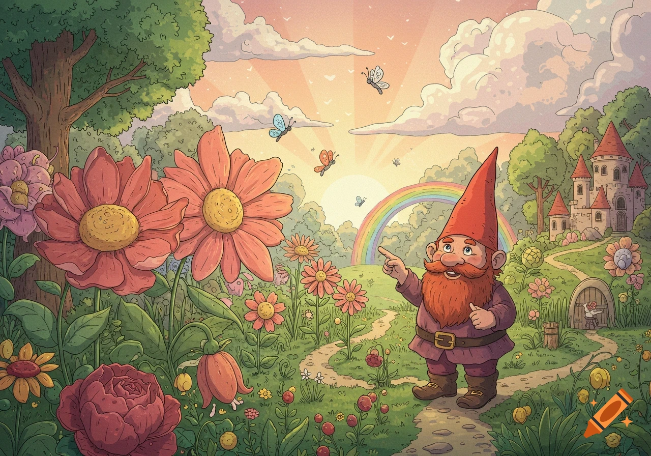 A cartoon gnome in a fantastical garden with oversized flowers, a winding path, a castle, a rainbow, and butterflies under a sunset sky.
