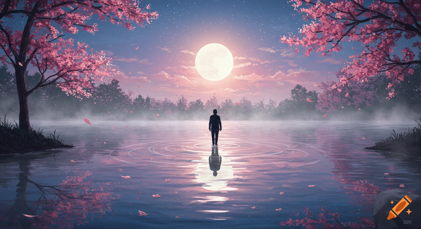 A lone person stands in a misty lake under a full moon, surrounded by pink cherry blossom trees, in a dreamy anime style.