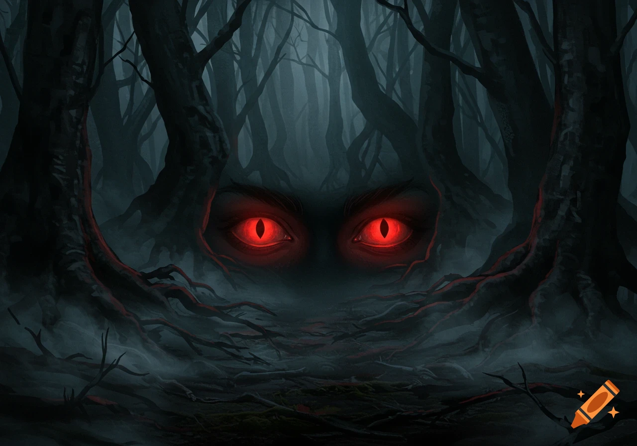 Glowing red eyes peer out from a dark, misty, gnarled forest, creating an eerie fantasy illustration.
