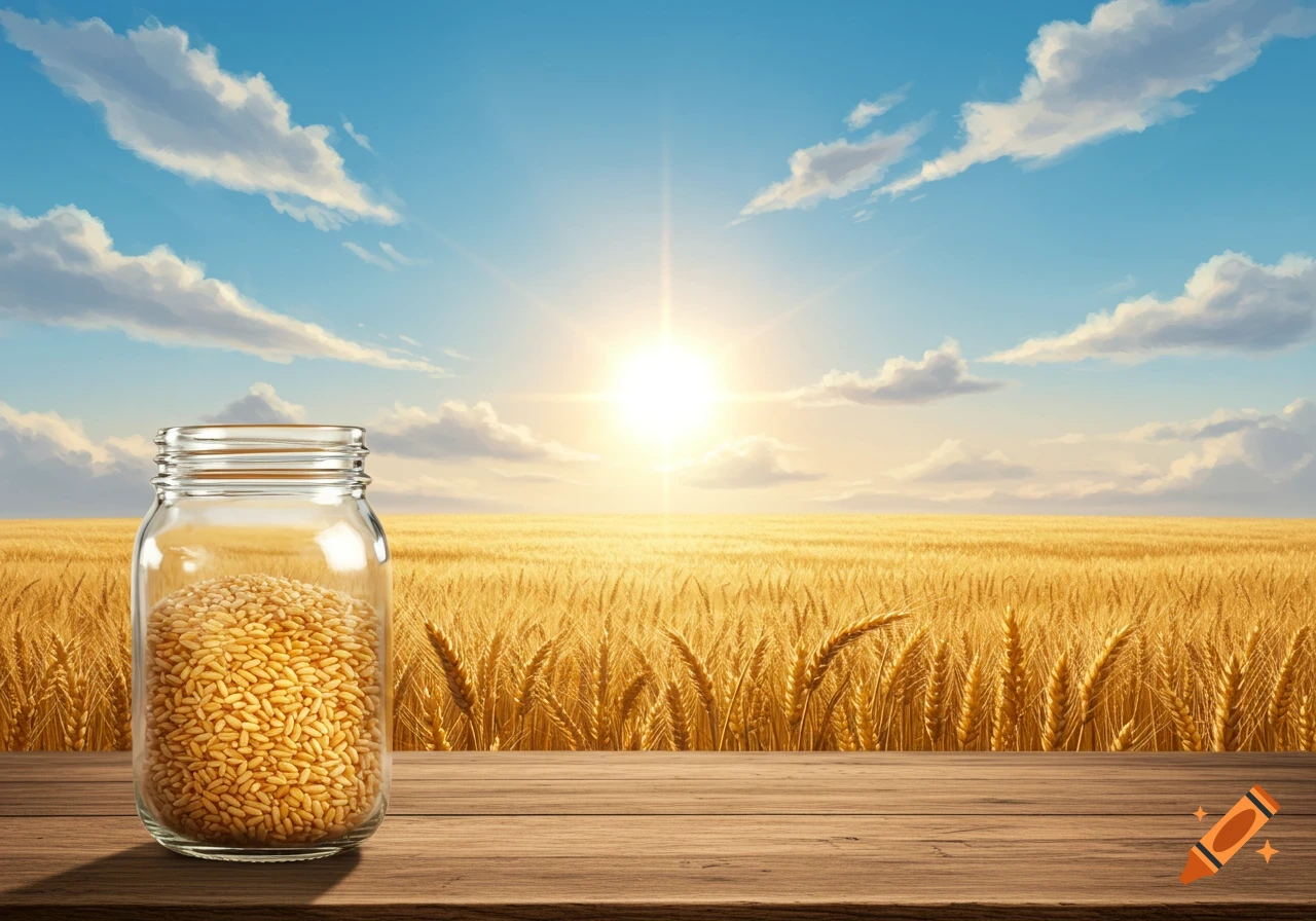A glass jar filled with wheat grains sits on a wooden table in a golden wheat field under a bright sunny sky.