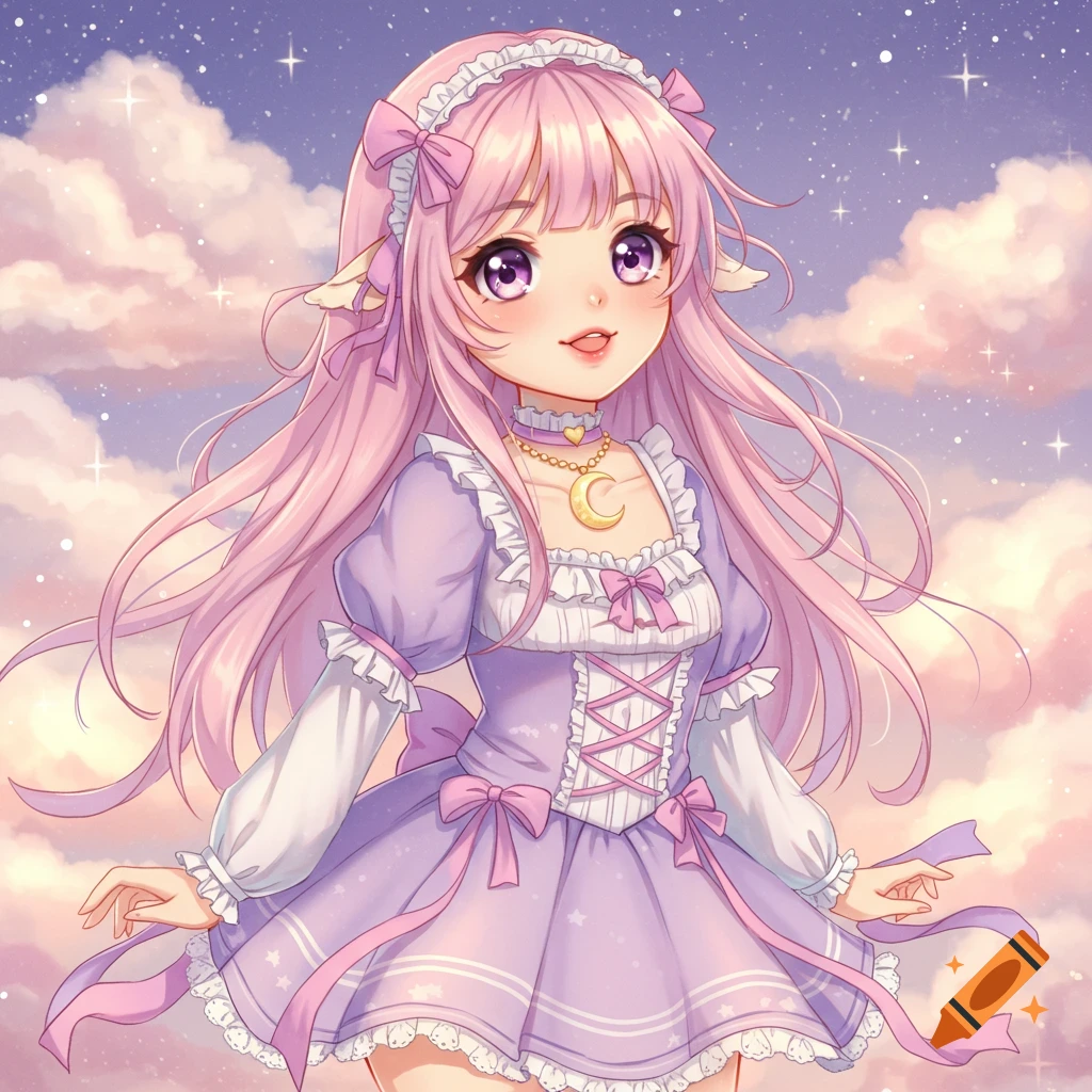 A cute anime girl with pink hair and purple eyes wears a lavender lolita dress, a moon necklace, against a pastel sky with clouds and stars.