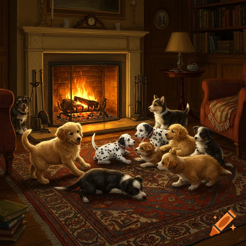 Several puppies of different breeds play on an ornate rug in front of a warm fireplace in a cozy, richly decorated room.