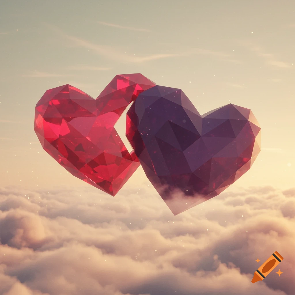 Two red and purple geometric hearts linked together, floating above soft clouds under a warm sky.