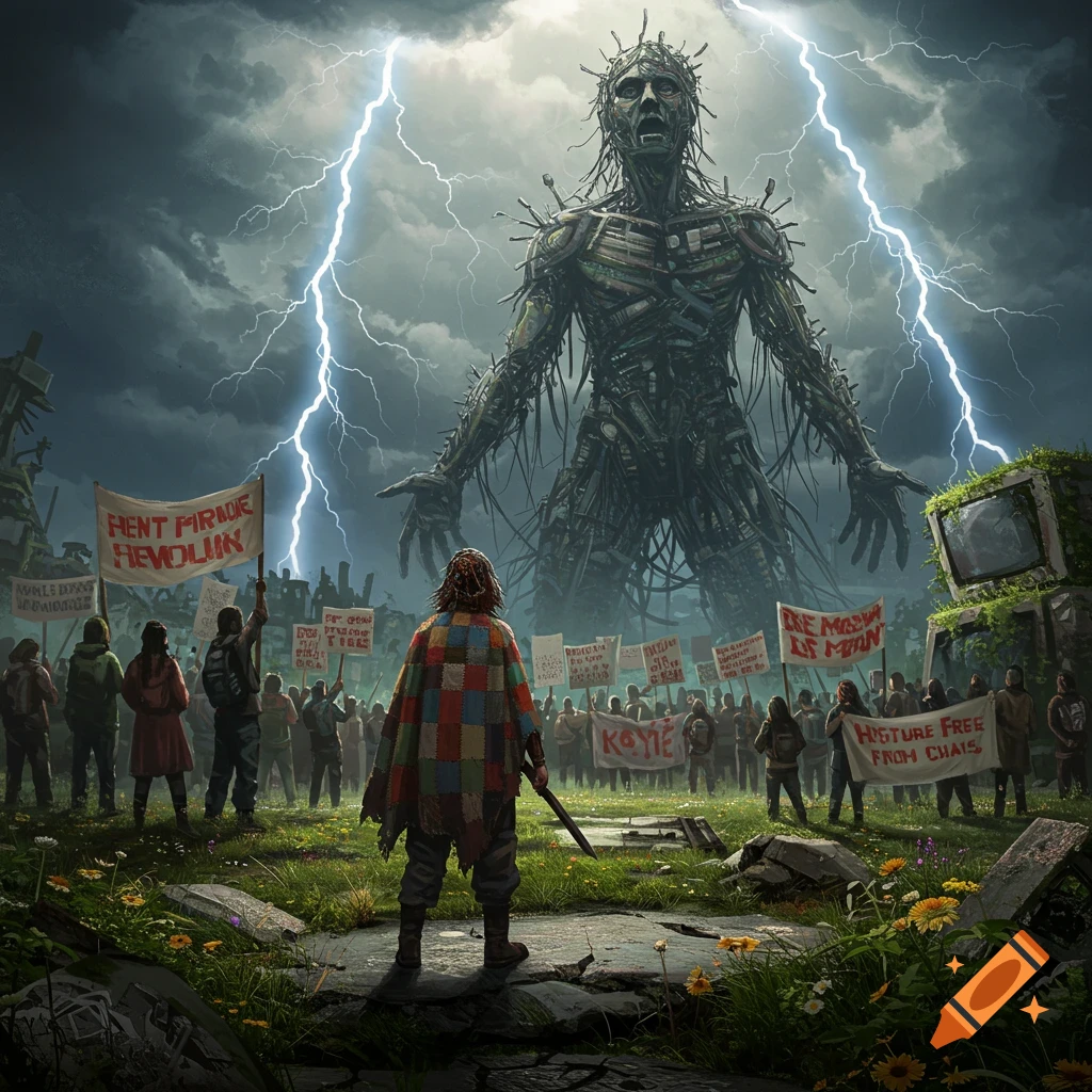 A colossal, monstrous figure made of wires and metal looms over a crowd of protestors holding signs, under a stormy, lightning-filled sky in a dystopian landscape.