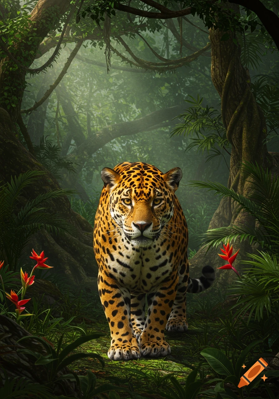A photorealistic jaguar walks through a sunlit, lush tropical jungle, looking directly at the viewer.