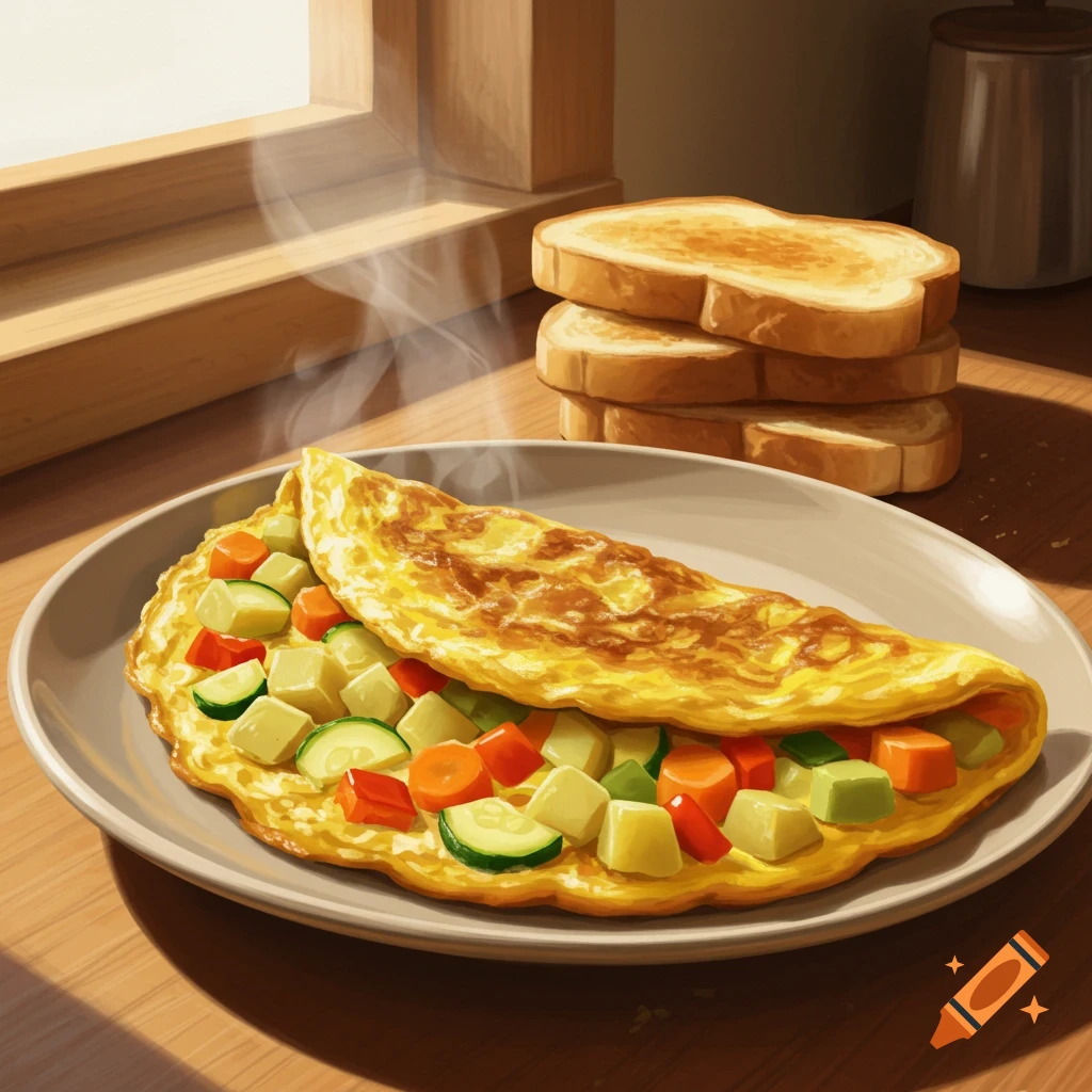 A steaming vegetable omelette with zucchini, potatoes, carrots, and bell peppers, next to a stack of toasted bread on a wooden table.