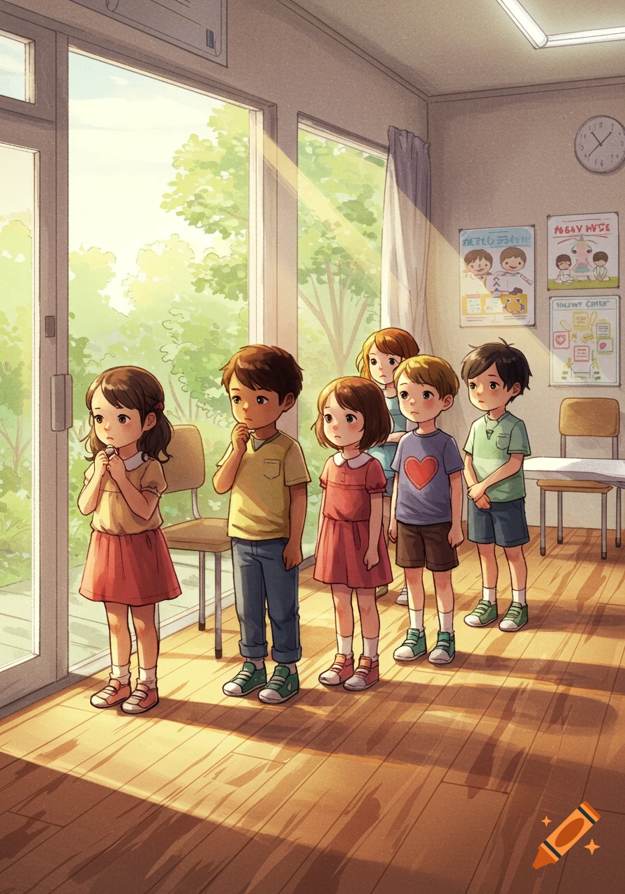 Six anime children line up in a sunlit classroom, looking out a large window.