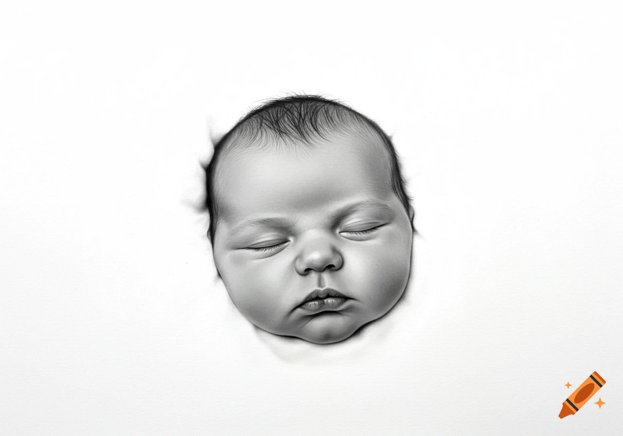 A photorealistic black and white drawing of a sleeping baby's head, emerging from a white background.
