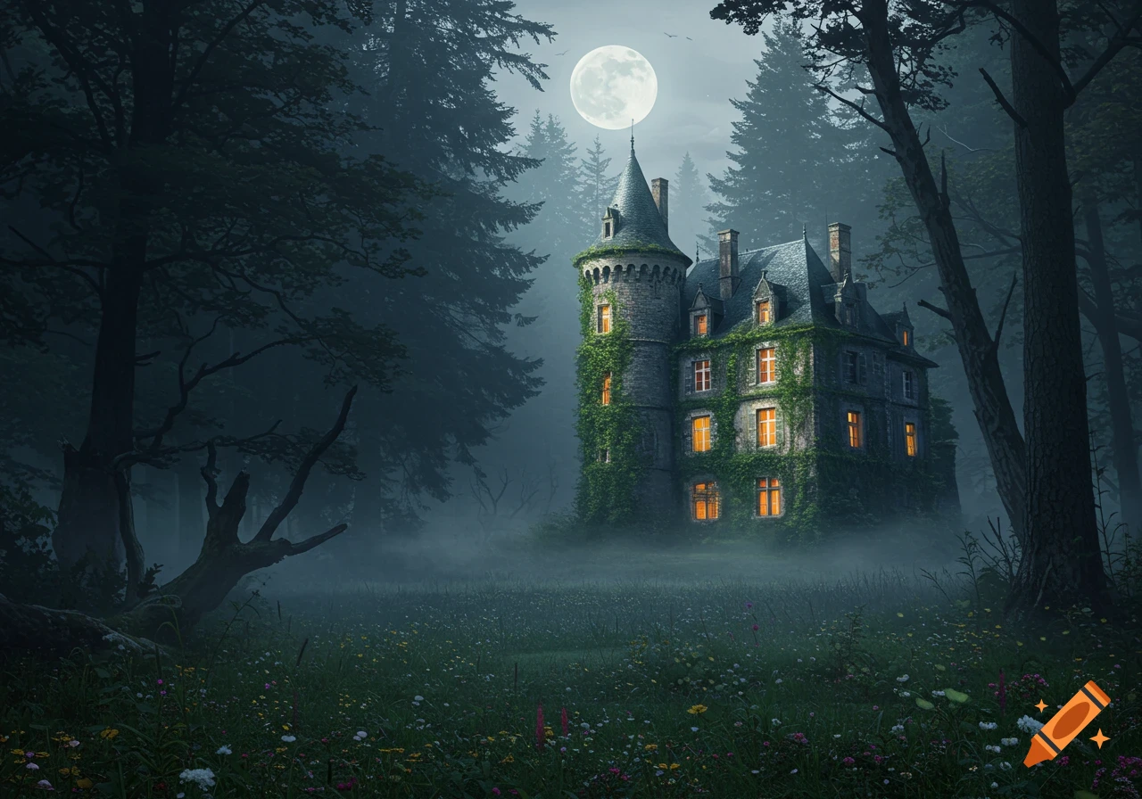 A mysterious, vine-covered castle with glowing windows stands in a misty, dark forest under a full moon, surrounded by wildflowers.