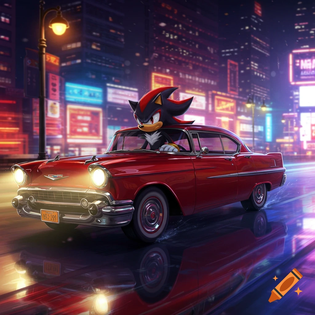 Shadow the Hedgehog drives a red 1950s classic car through a vibrant, neon-lit city at night, reflecting on the wet road.