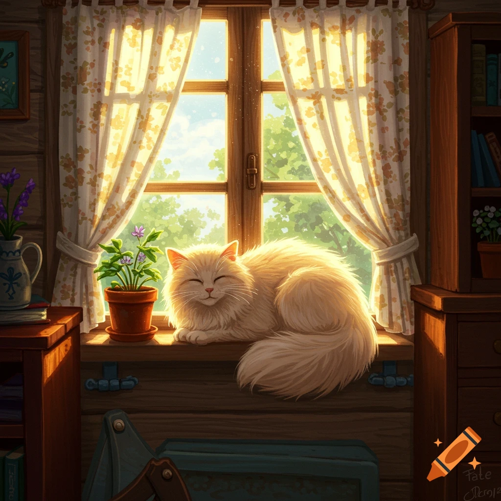 A fluffy cream cat sleeps soundly on a sunny wooden windowsill with a potted plant, framed by patterned curtains and an outdoor view.