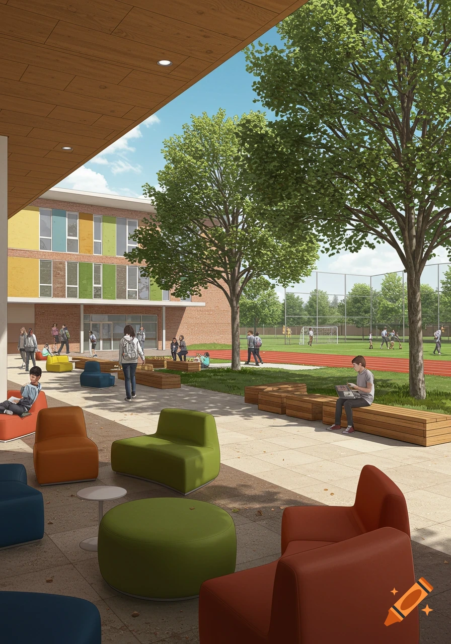 A modern school courtyard with colorful outdoor seating, students walking, and a sports field in the background.