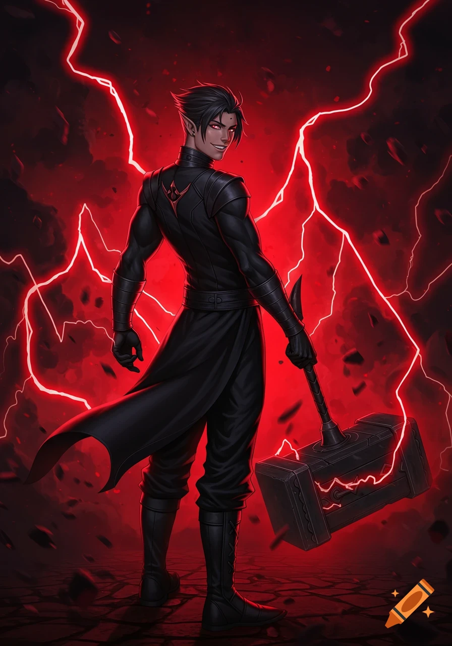 Anime-style male character in black, holding a hammer, smiling over his shoulder amidst red and black lightning.