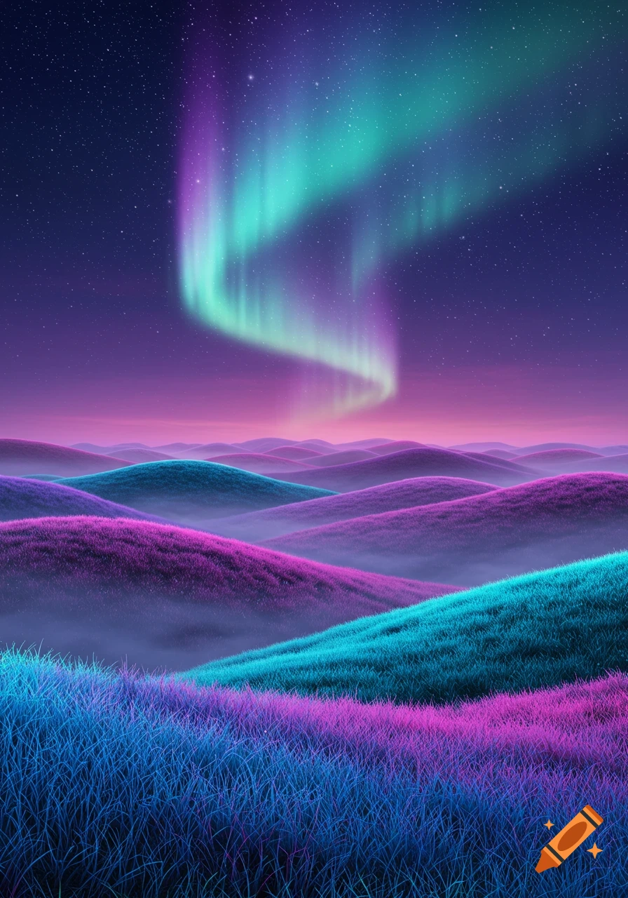 Vibrant purple and green aurora borealis lights up a starry sky over rolling hills covered in neon blue and purple grass.