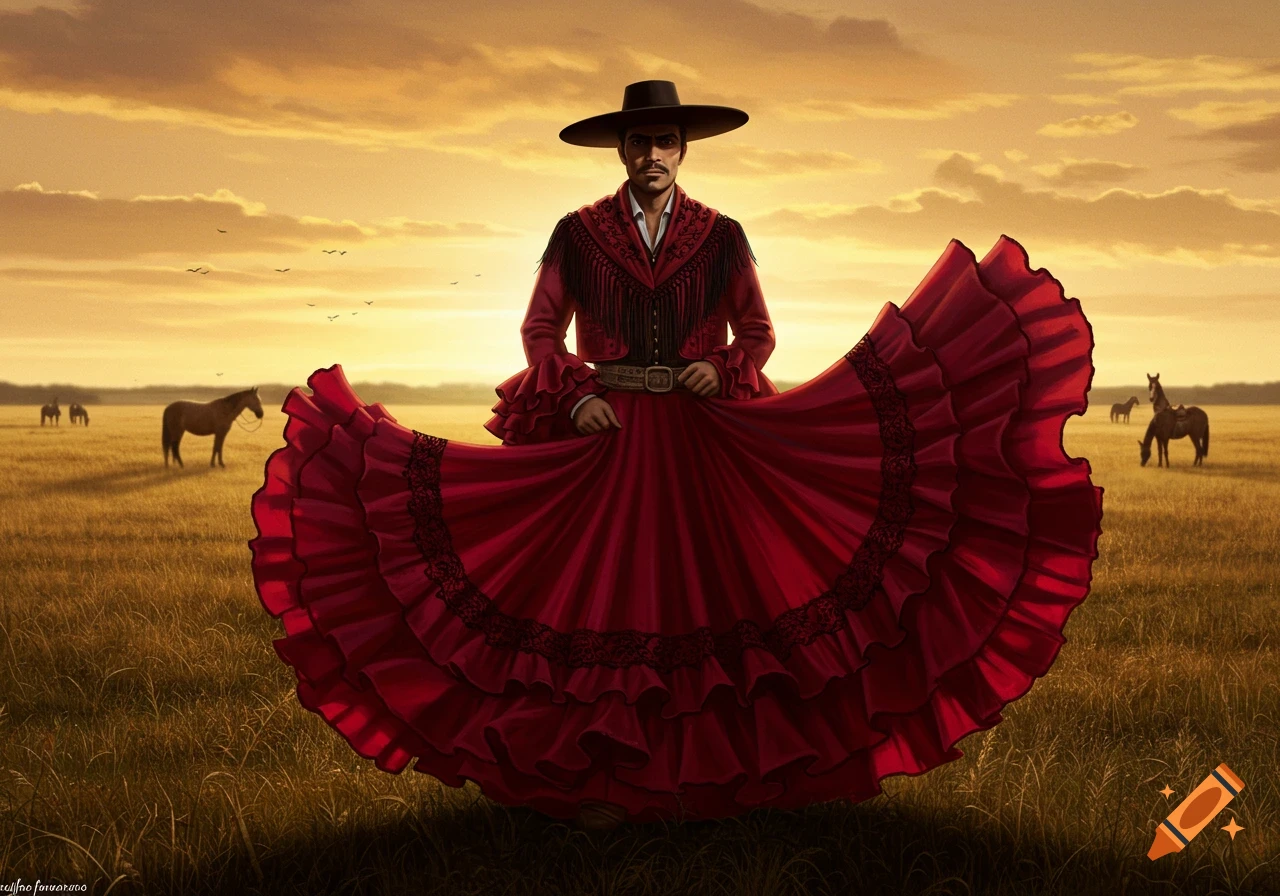 A man in a wide-brimmed hat and red fringed jacket holds out a large red ruffled skirt in a grassy field. Horses graze under a sunset sky.