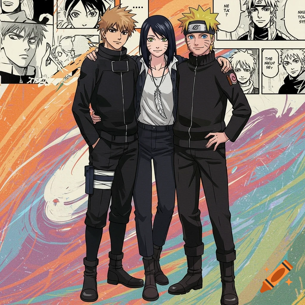 Anime characters Keigo Takami, a woman with black hair, and Naruto Uzumaki posing together in black outfits against a colorful abstract background with manga panels.