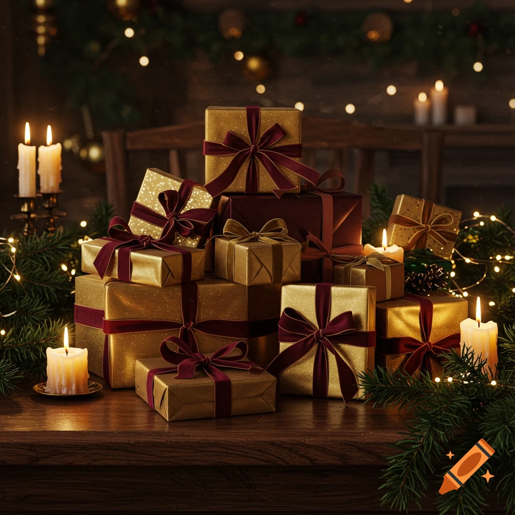 A pile of golden and maroon Christmas gifts, lit candles, and string lights on a wooden table with pine boughs.