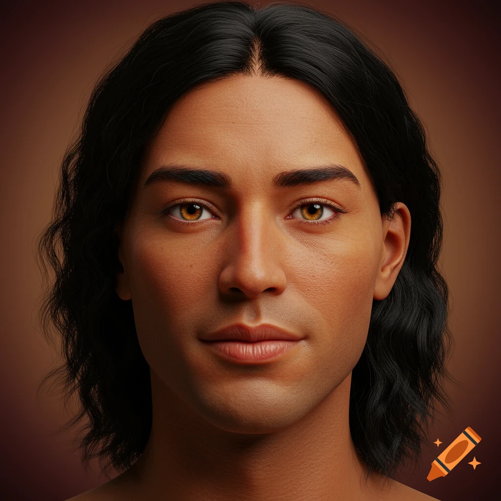 Close-up photorealistic portrait of a man with dark hair and brown eyes, looking directly forward.