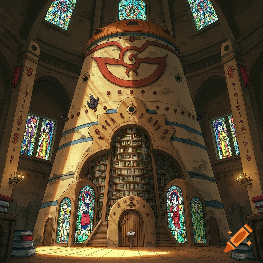 A grand anime-style library shaped like the Konoha logo, with tall bookshelves, stained glass windows, and warm light.