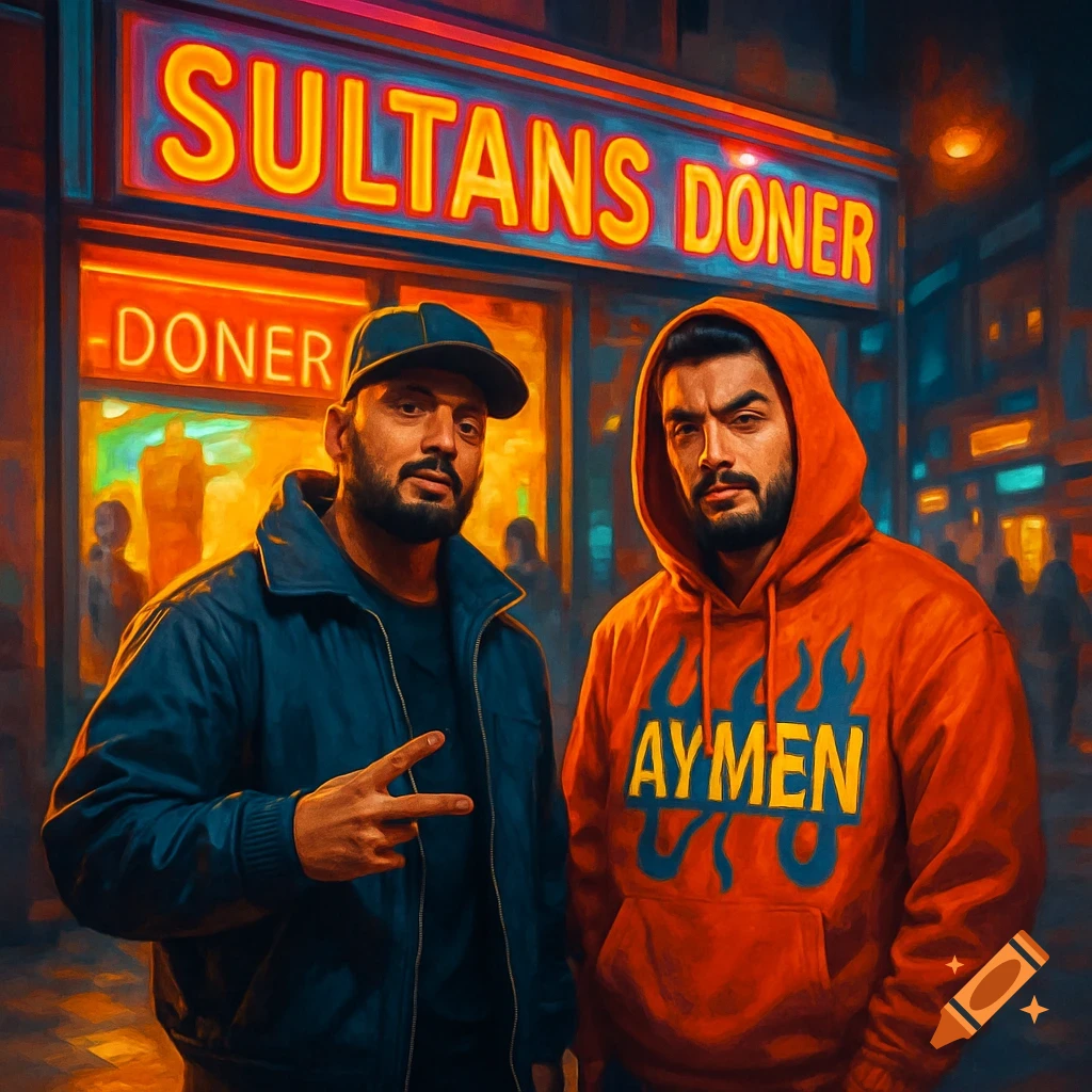 Two men, one in a blue jacket with a peace sign, the other in an orange 'AYMEN' hoodie, stand before a neon 'SULTANS DONER' shop sign at night, in a painterly style.
