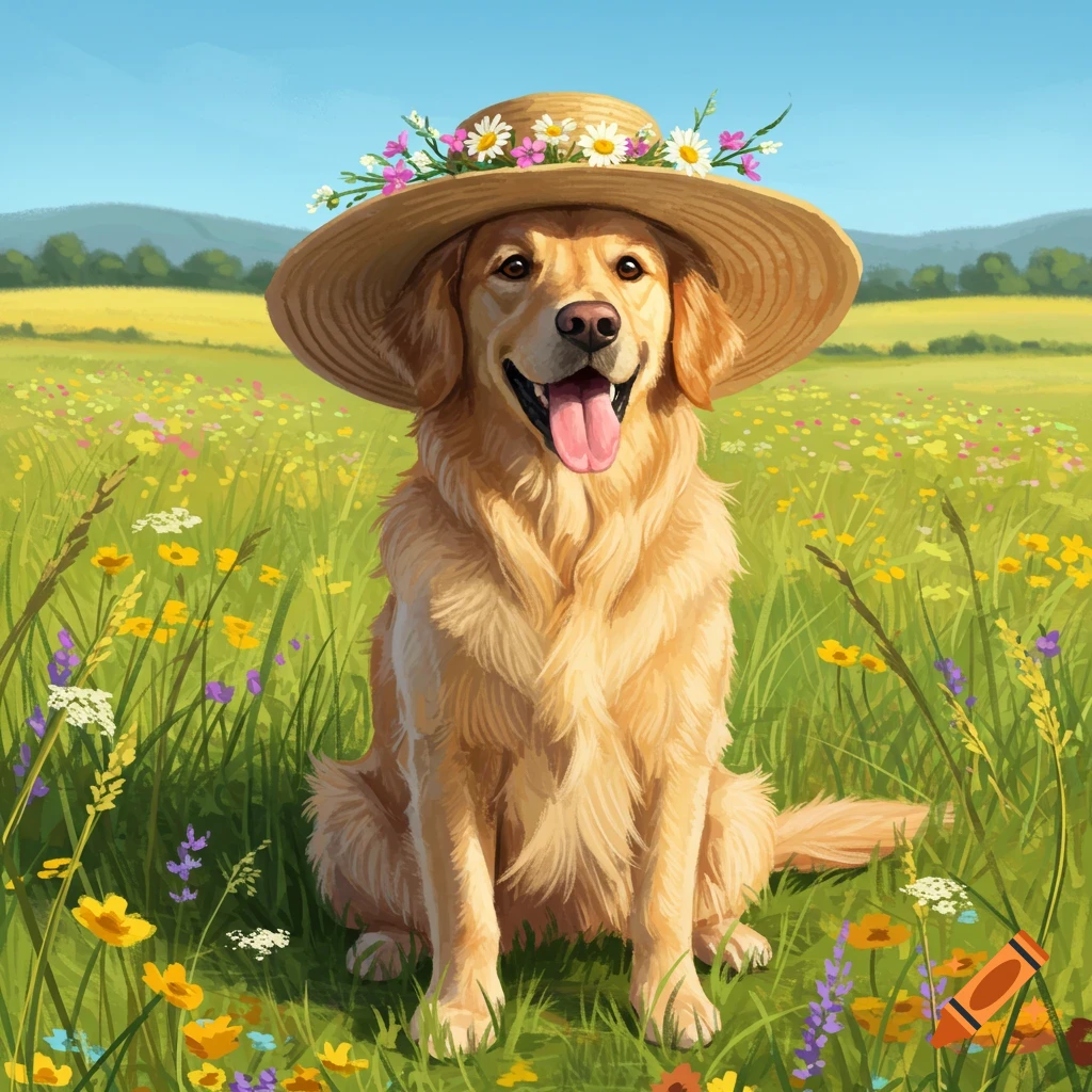 A happy golden retriever wearing a straw hat with flowers sits in a vibrant field of wildflowers under a blue sky, illustration.