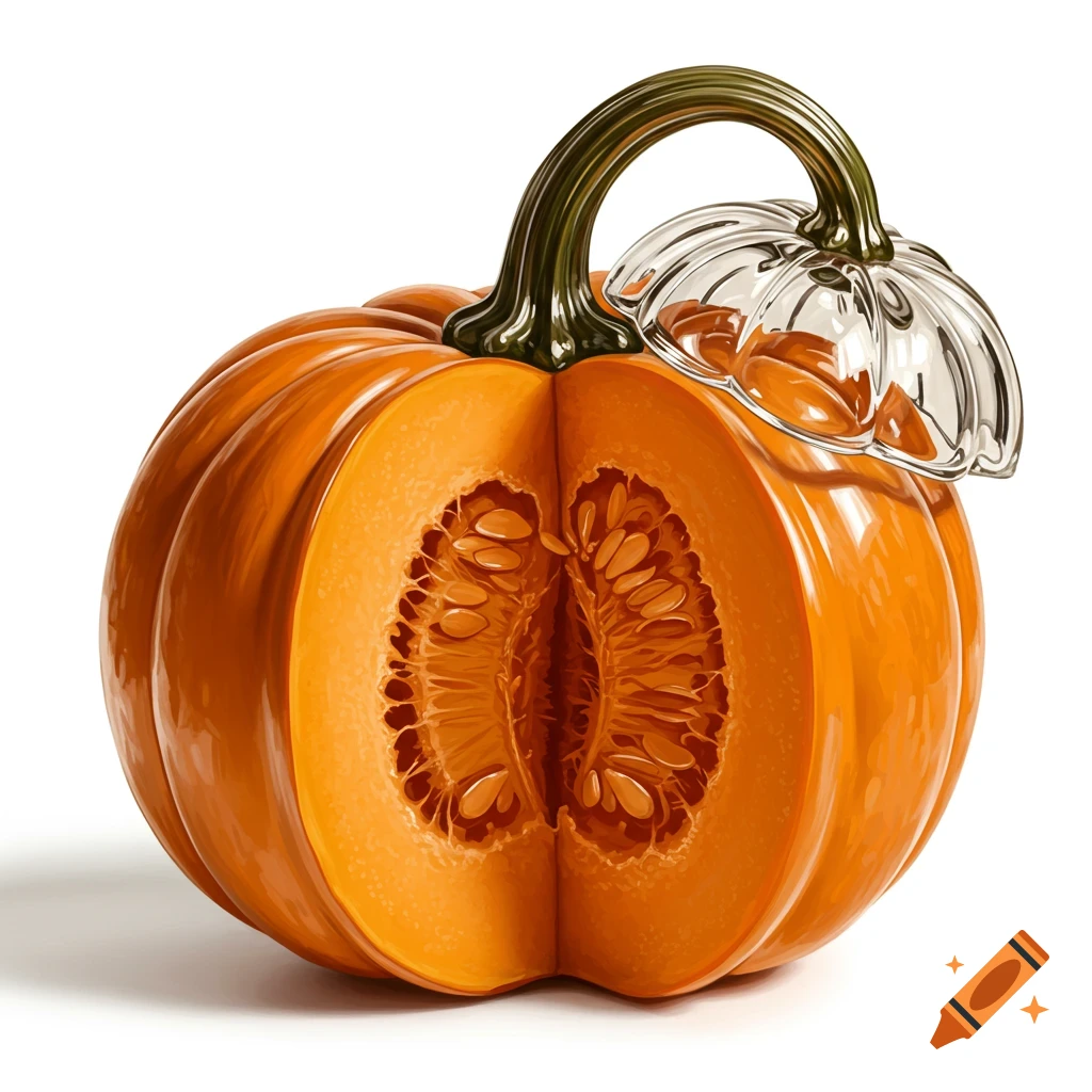 An orange pumpkin, cut in half to show seeds, features a green stem and clear glass top on a white background.
