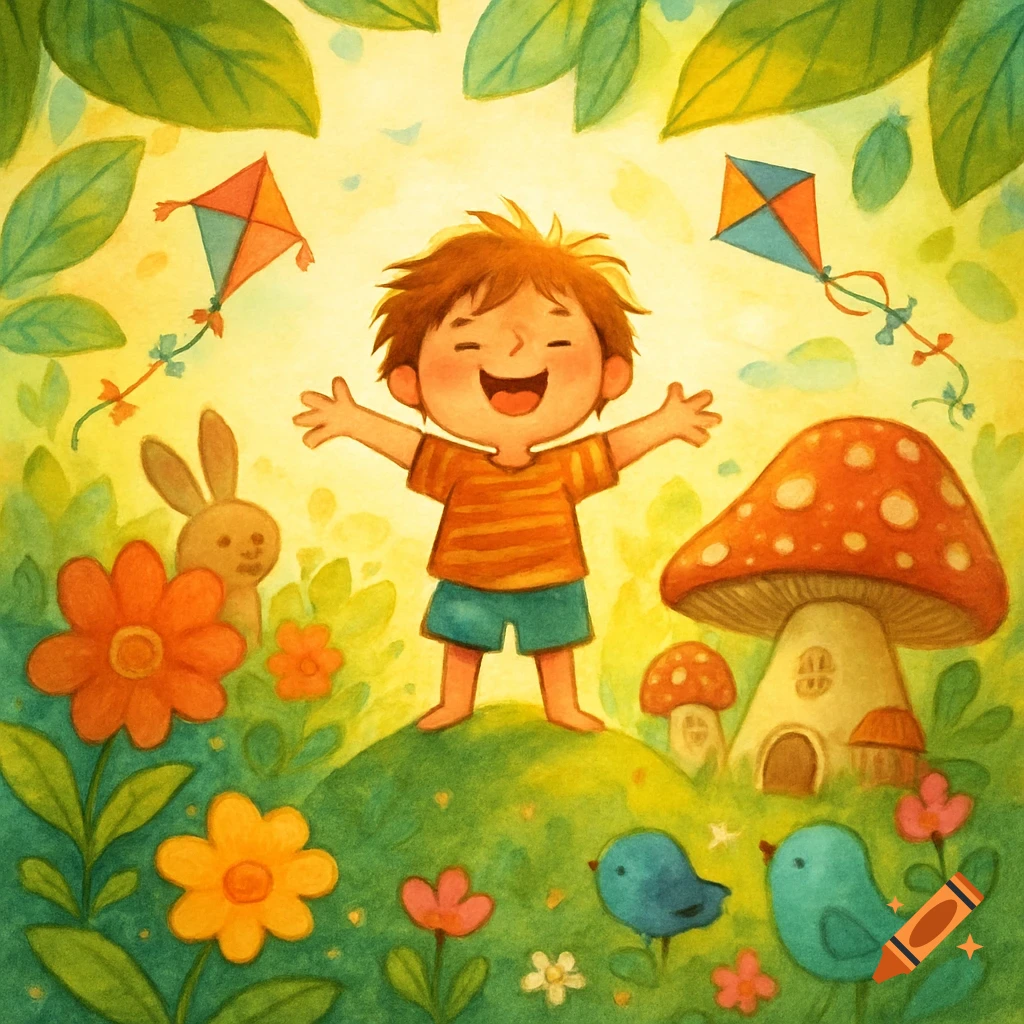 A whimsical watercolor illustration of a happy boy with outstretched arms on a grassy hill, surrounded by flowers, birds, a rabbit, mushroom houses, and kites.