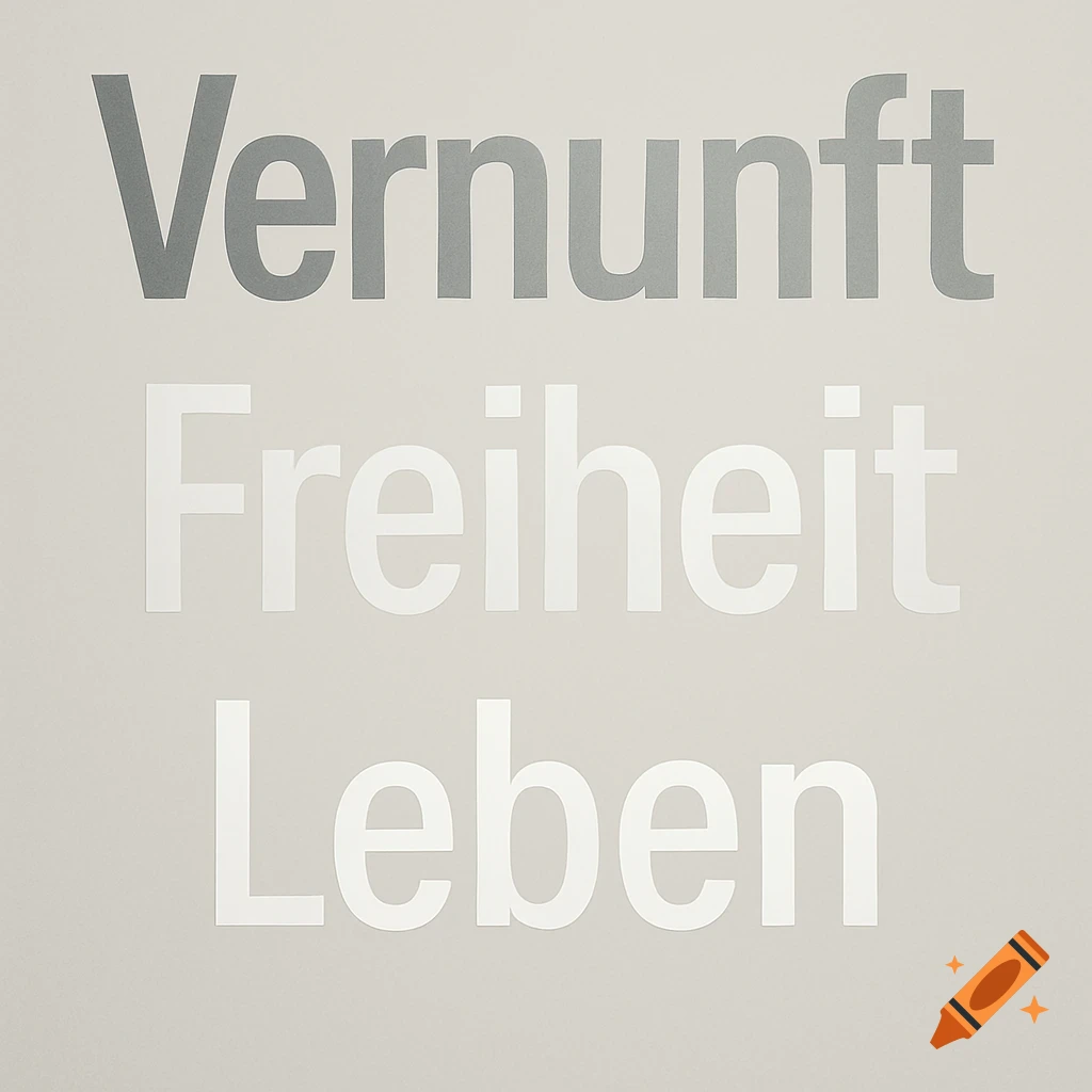 Three German words, 'Vernunft', 'Freiheit', 'Leben', in a modern, minimalist grey-and-white typographic design.